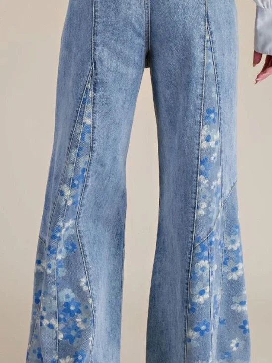 Easel Light Wash Floral print Wide leg Frayed Hem Denim Jeans - Picture 7 of 7